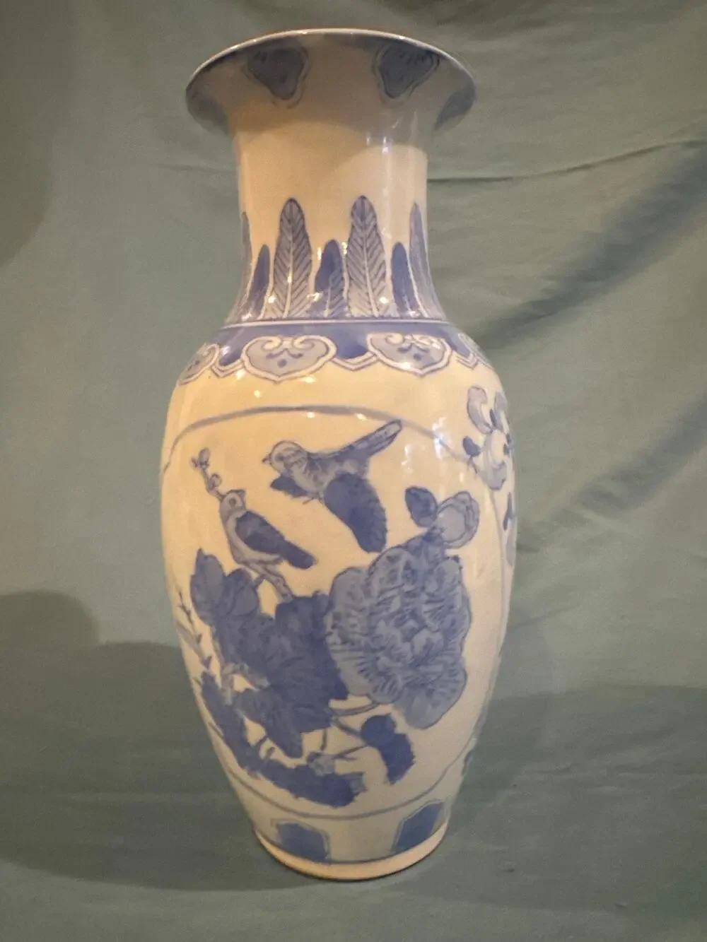 Vintage Blue and White Chinoiserie Porcelain Bird and Floral Baluster Vase